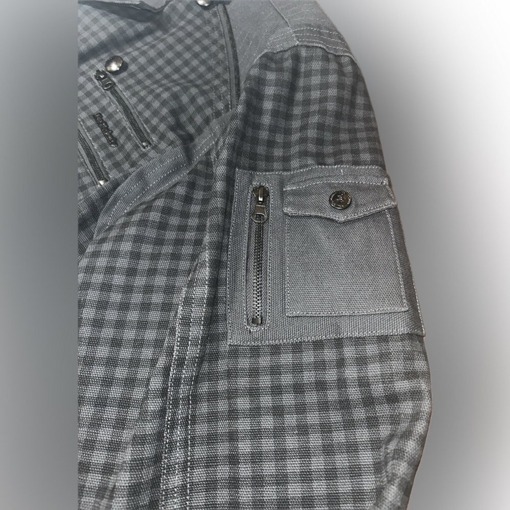 Live Mechanics Canvas Checked Plaid Gray Streetwear Moto Grunge Stud Coat 2XL - Picture 7 of 16